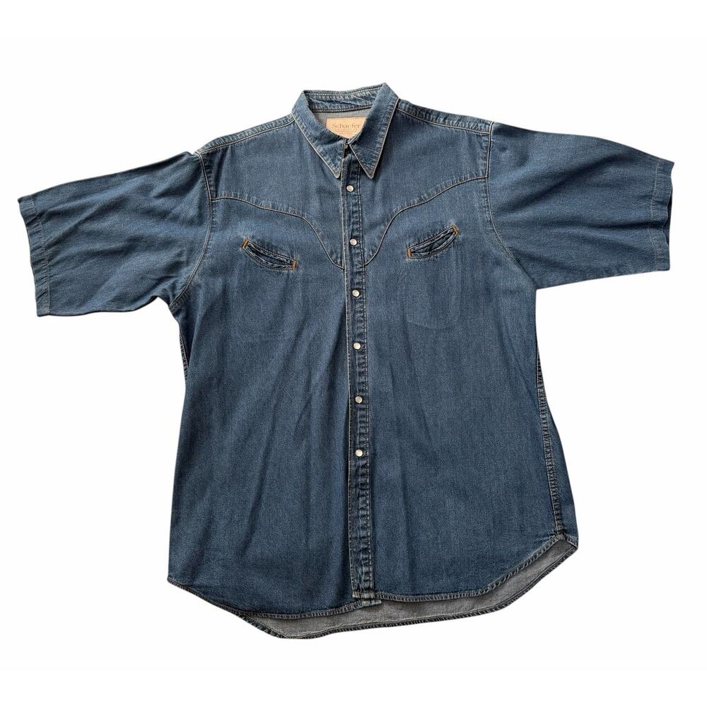 Schaefer Outfitter Denim Work Shirt XL Pearl Snap Smiley Pocket Western Yoke VTG